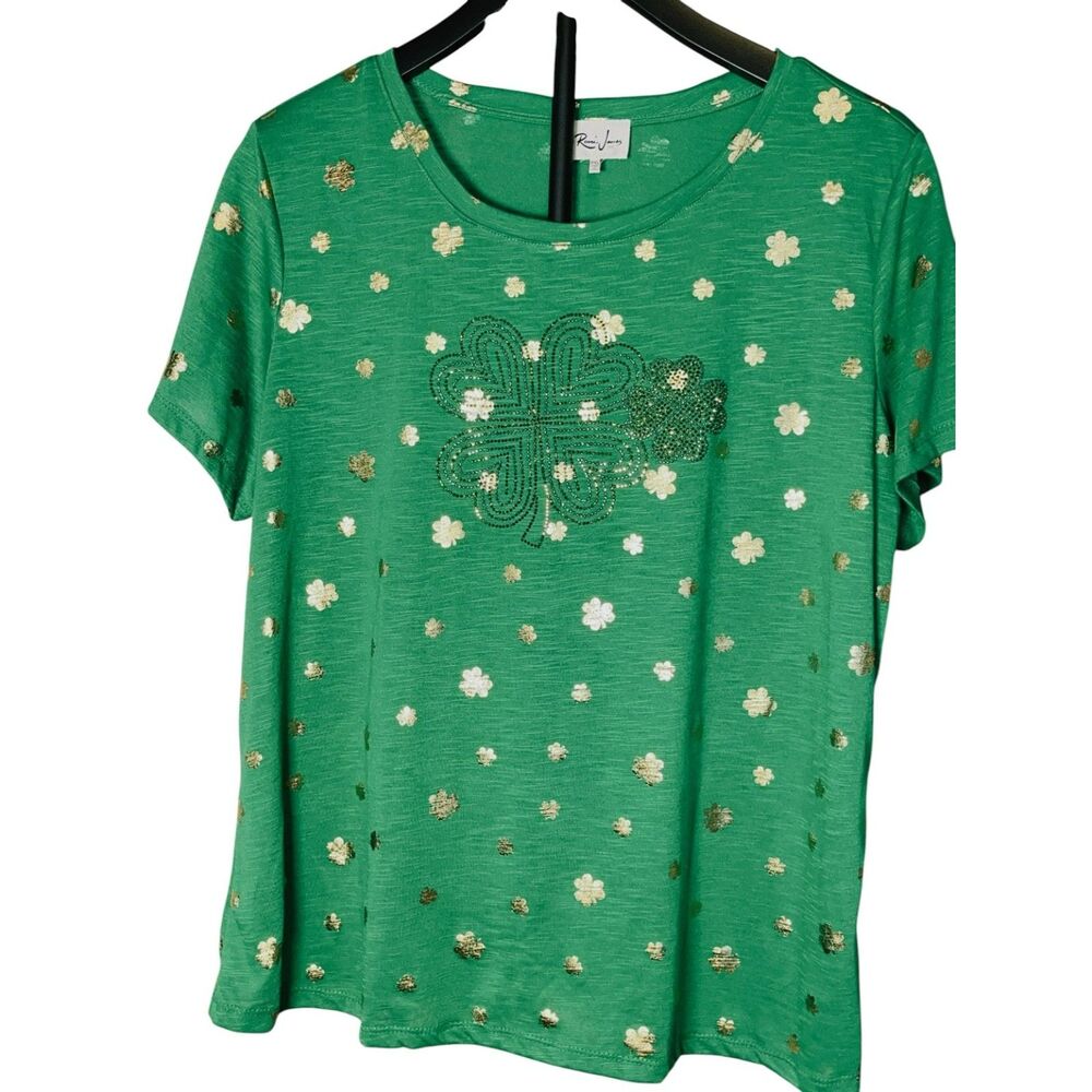 Remi James NYC Women's PXL Green Shamrock Rhinestone St Patrick's Day Top